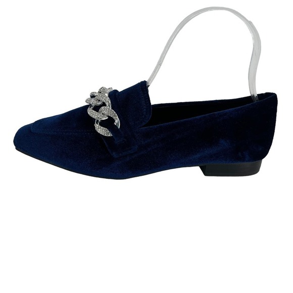 Steve Madden Loafer Rilynn Velvet Blue Rhinestone Silver Chain Women’s 7.5 M - Picture 3 of 10